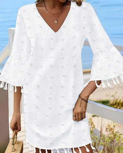 Stylish White Plain V-Neck 3/4 Sleeve Mini Dress