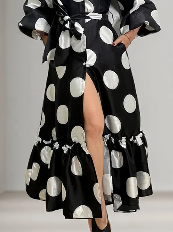 Loose Puff Sleeves Pleated Polka-Dot Split-Joint Tied Waist Tiered Lapel Maxi Dresses Shirt Dress