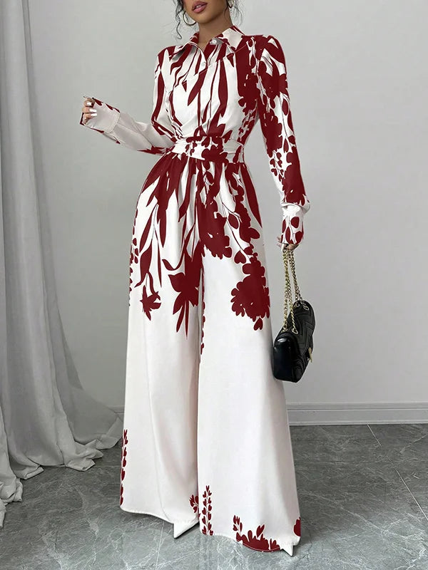 Long Sleeves Loose Floral Printed Split-Joint Tied Waist Lapel Jumpsuits