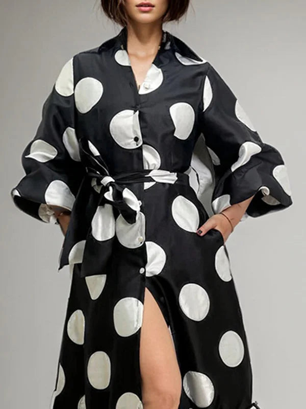 Loose Puff Sleeves Pleated Polka-Dot Split-Joint Tied Waist Tiered Lapel Maxi Dresses Shirt Dress