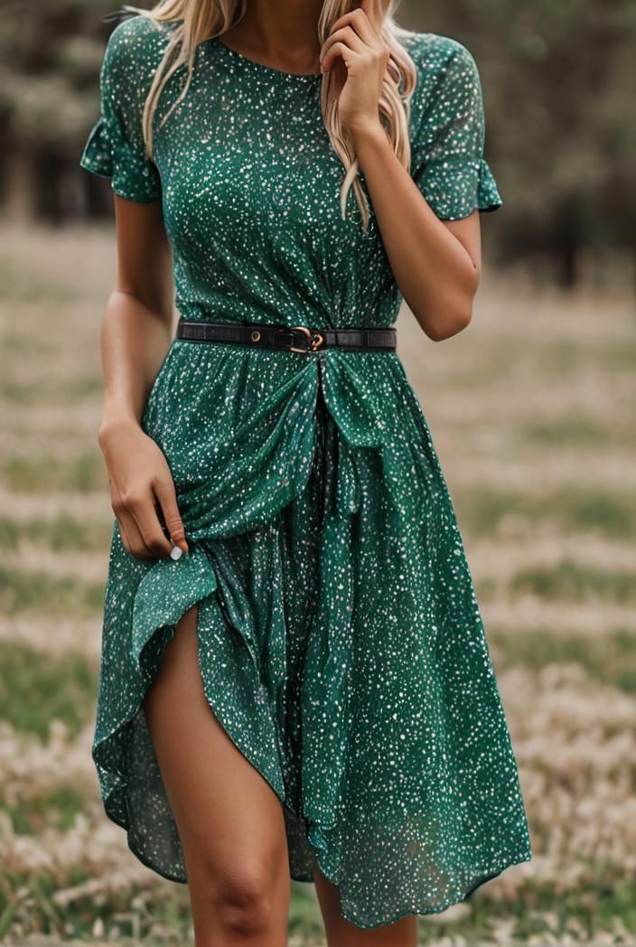 Green Short Sleeve Round Neck Midi Dress