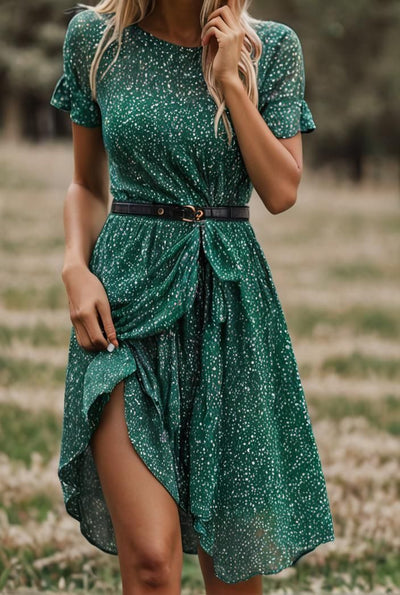 Green Short Sleeve Round Neck Midi Dress