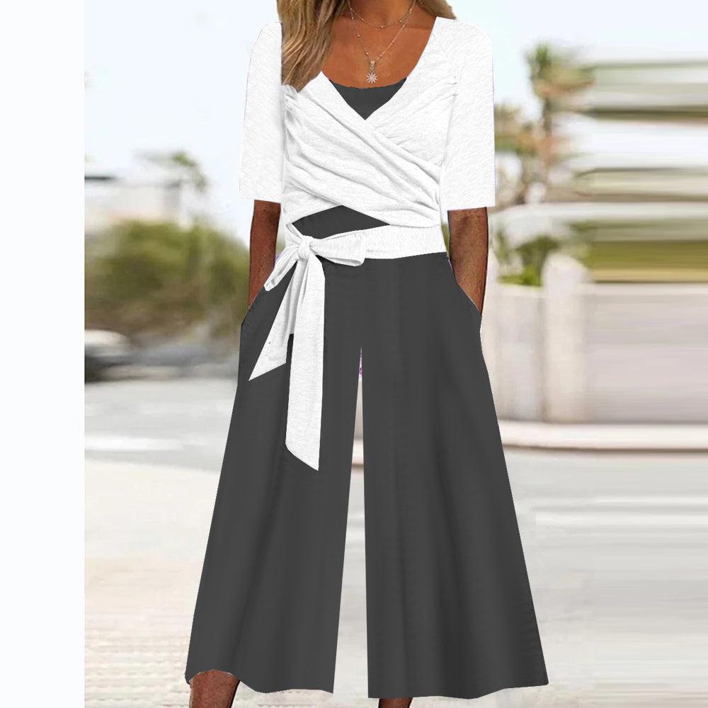 Black and White V-Neck Side Pocket Jumpsuit