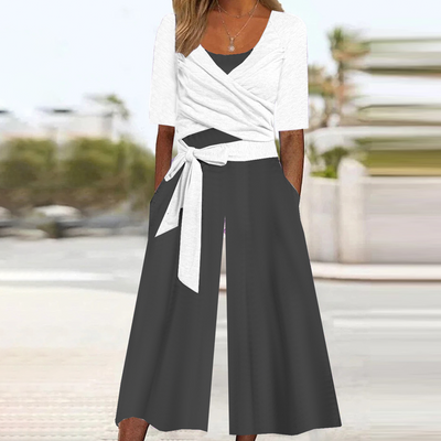 Black and White V-Neck Side Pocket Jumpsuit