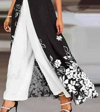 Black and White Floral Print Two Piece Set