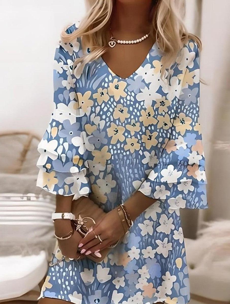 Blue Floral Print V-Neck Mini Dress