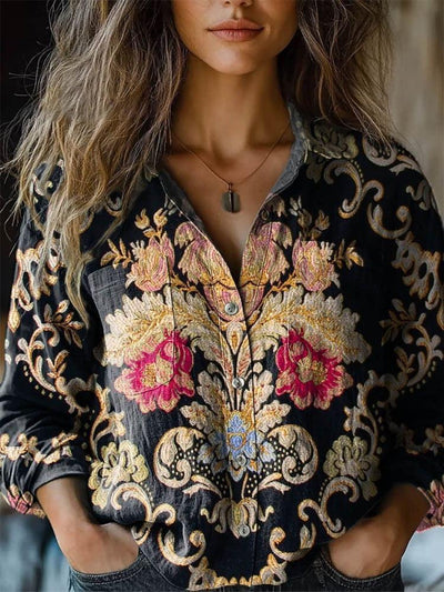 Stunning Collared Floral Print Long Sleeve Shirt