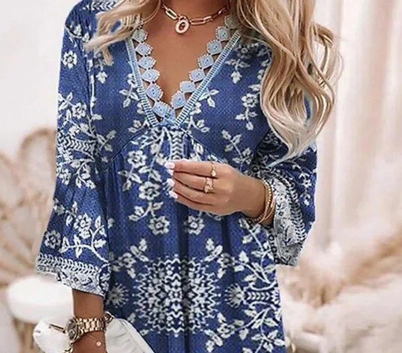 Blue 3/4 Sleeve V-Neck Mini Dress