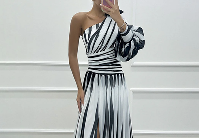 Classy One Shoulder Striped Print Maxi Dress